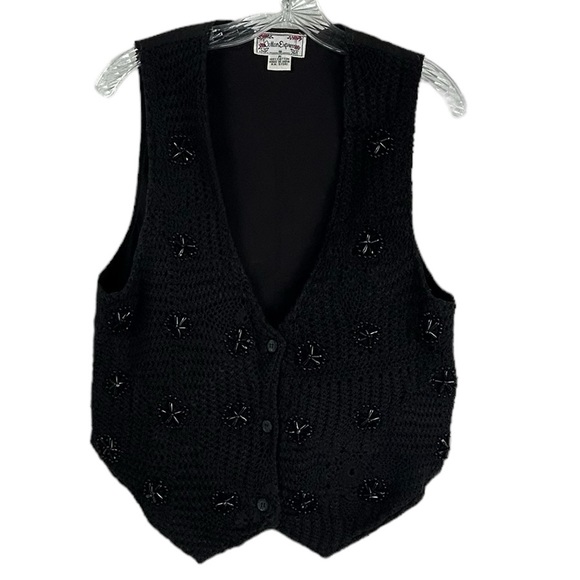 Cotton Express Black Crocheted Beaded Vest Sweater Cardigan SZ M - Picture 2 of 5